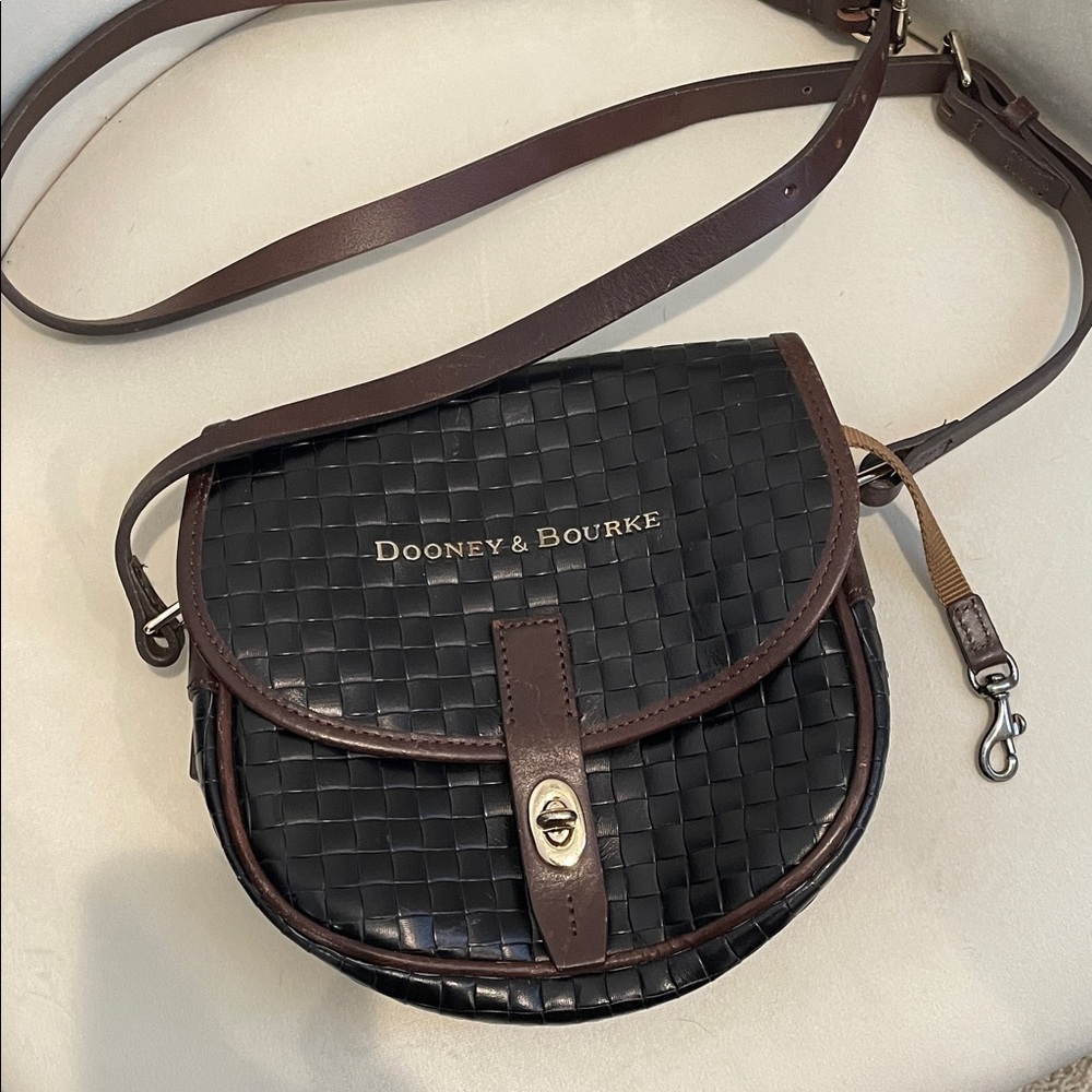Dooney & Bourke Black Woven Leather Crossbody with Brown Trim